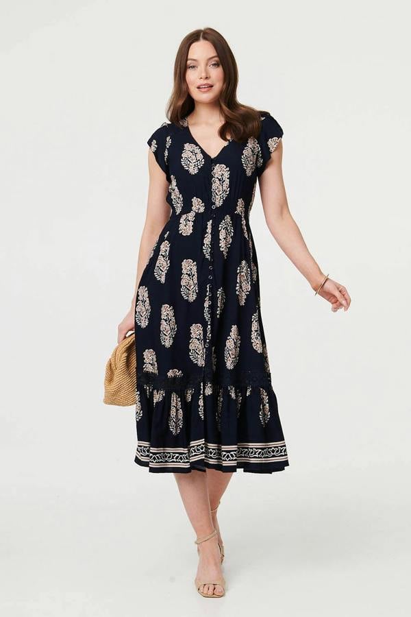 Navy | Printed Shirred Cap Sleeve Midi Dress