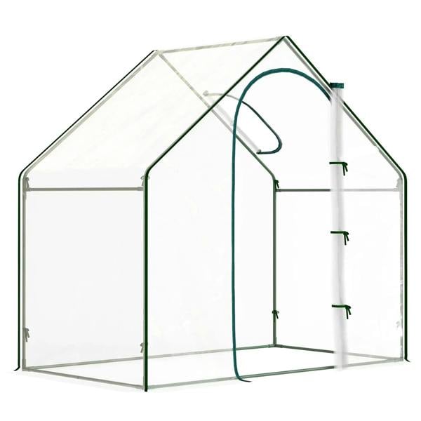 Clear mini greenhouse with steel frame, zippered front door, and side window panels