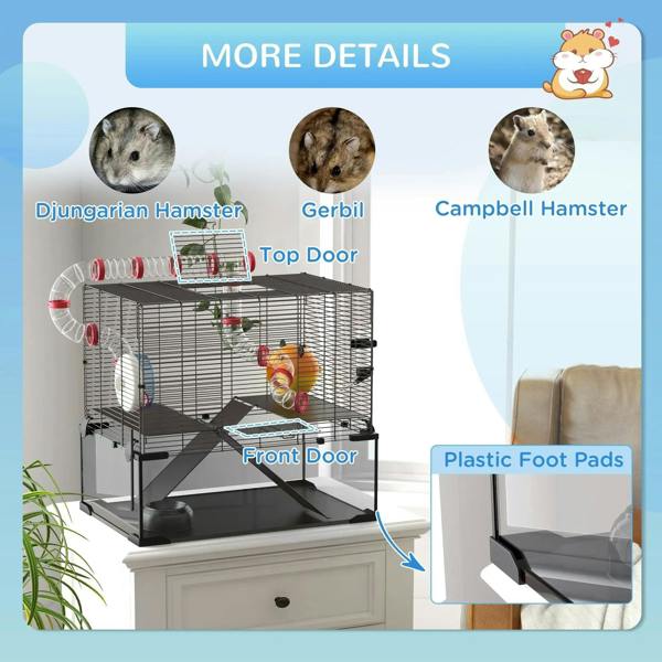 Black wire hamster cage with front door, top door, and plastic foot pads