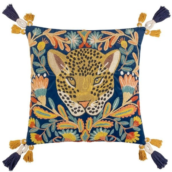 Wylder Regal Embroidered Leopard Cushion Cover - Royal Blue