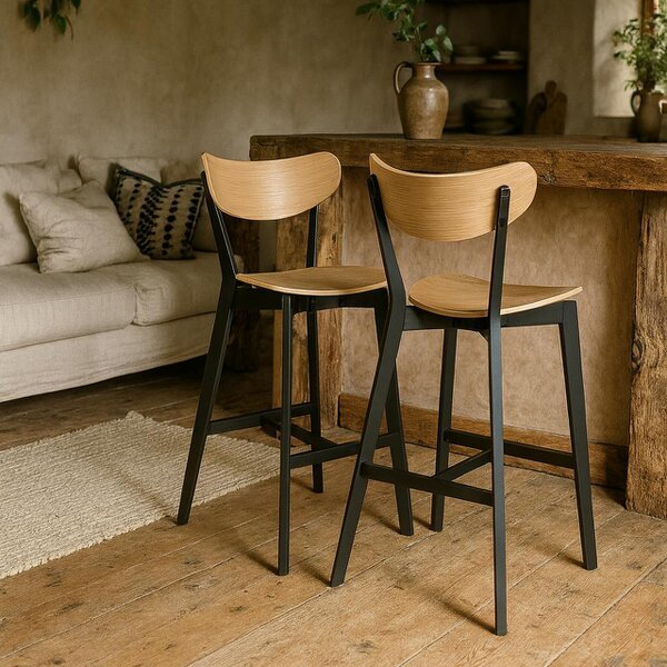 Wyld Haus Set of 2 Saffron Black and Natural Oak Veener Bar Stools