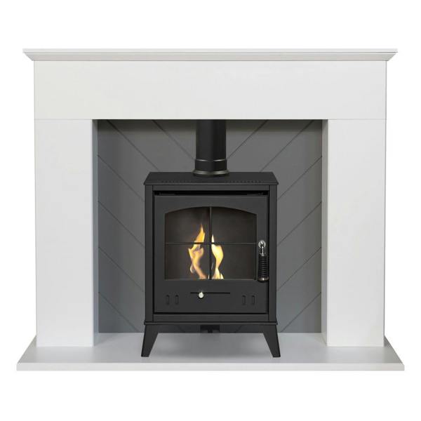Adam Corinth Stove Fireplace in Pure White & Grey with Downlights & OKO S2 Bio Ethanol Stove in Charcoal Grey, 48 Inch