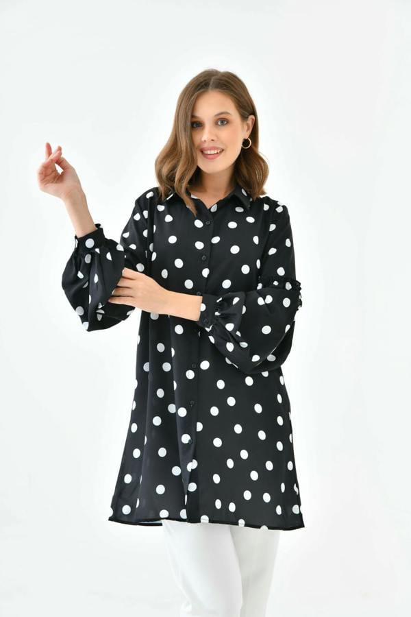 Hoxton Gal Oversized Balloon Sleeves Shirt Tunic with Polka Dot Print in Black and White