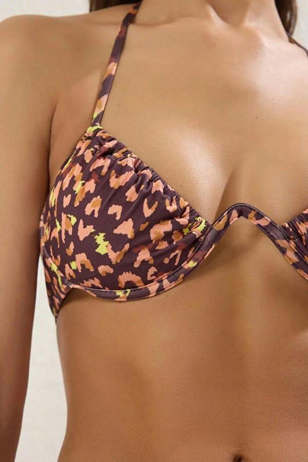 WOVCOR Leopard Print V-Wire Balconette Covered Bikini Top