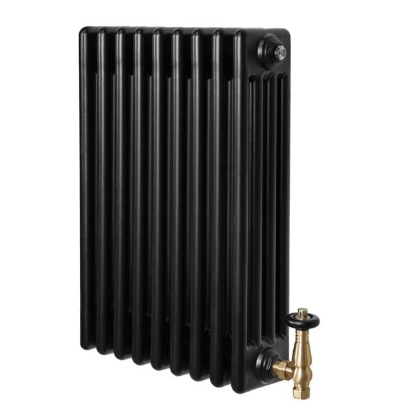 Traditional black 4 column radiator with a sleek finish, featuring a brass valve, ideal for vintage and modern interiors