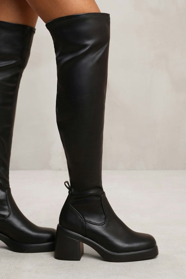 Where's That From Daisy Over the Knee Boot With Chunky Heel in Black Faux Leather