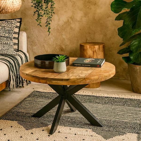 Wyld Haus London Natural Mango Wood Coffee Table with 1 Top and Industrial Metal Legs