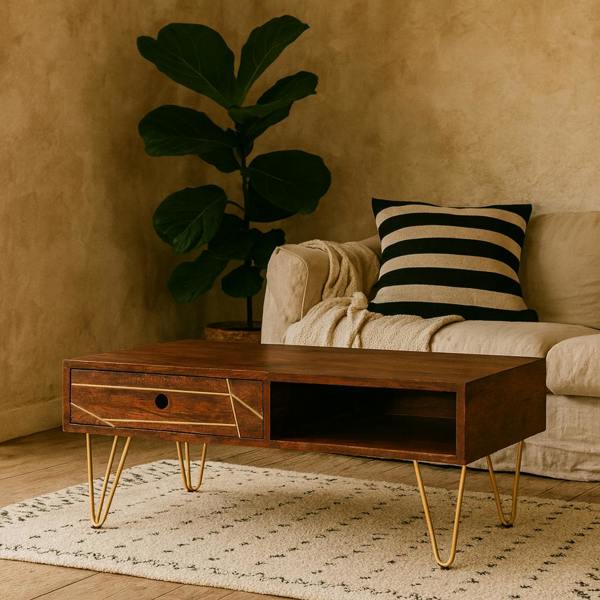 Wyld Haus Bandung Dark Mango Wood and Gold Rectangular Coffee Table 1 Drawer 1 Open Shelf