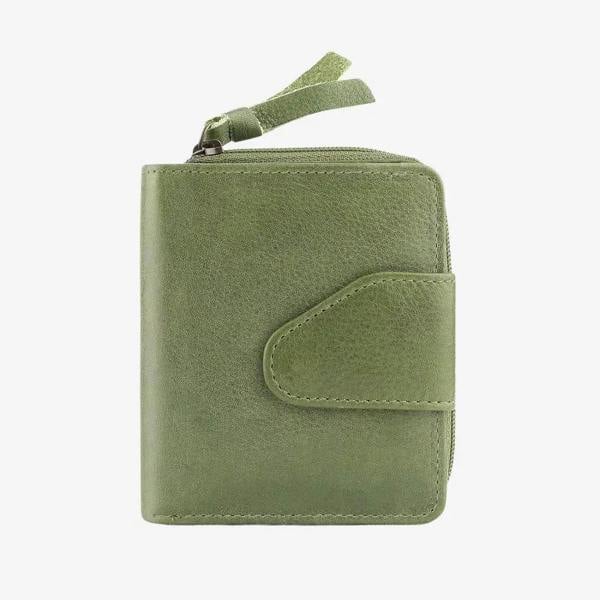 Front view of Green wallet with a zipper on a white background