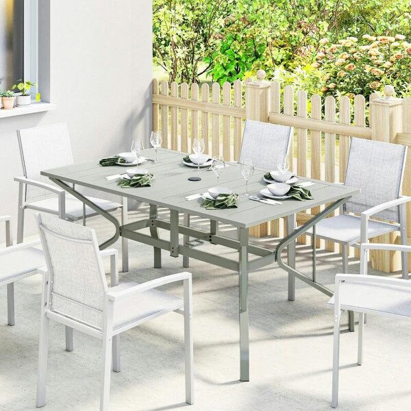 Rectangle Garden Table with Parasol Hole, Outdoor Dining Table for 6, Patio Table for Balcony, 150cm x 90cm, Light Grey - Light Grey