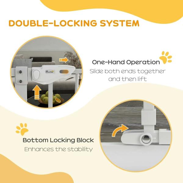 White pet gate with locking system and one-hand operation latch design