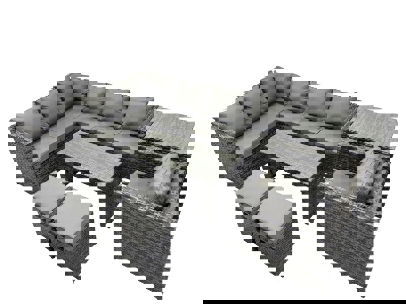 Fimous 7 Pieces Outdoor PE Rattan Garden Furniture Corner Sofa Oblong Coffee Table Set with Cushions 2 Small Stools Side Table Dark Grey Mixed