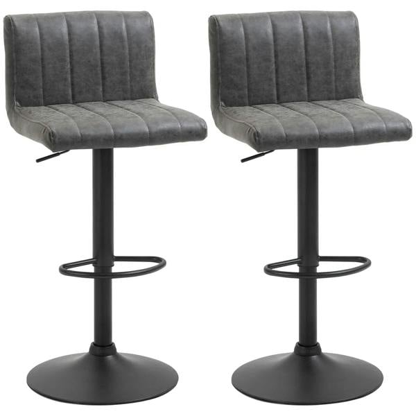 Set of 2 grey upholstered swivel barstools with footrest and black gas-lift bases