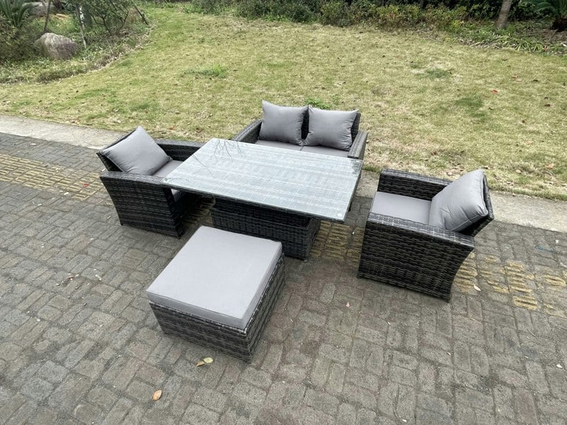 Fimous Rattan Outdoor Furniture Adjustable Rising Lifting Rectangle Dining Table Chairs Two Seater Love Sofa Sets Big Footstools 5 Seater