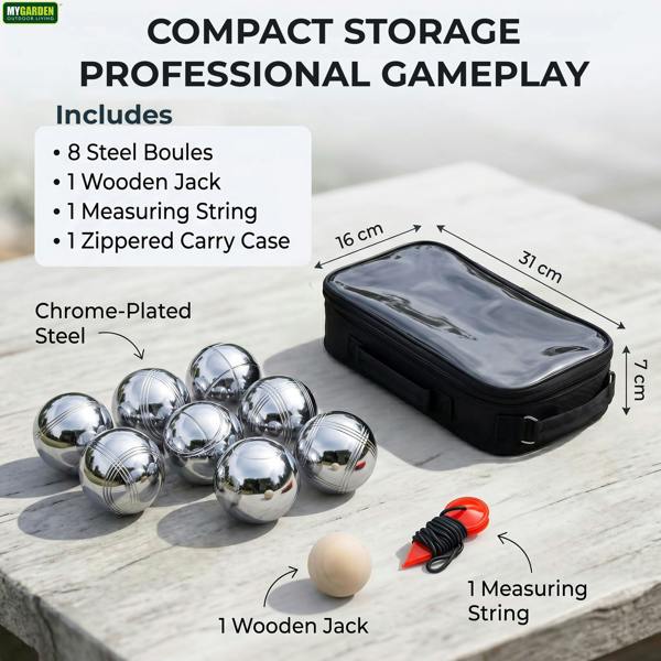 My Garden Outdoor Living French Boules Set - 8x Steel Bocce Ball with Wooden Jack. Measuring String & Zippered Carry Case For Garden Games