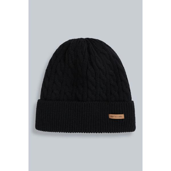 Animal Mens Drew Cable Knit Faux Fur Lined Beanie - Black - 