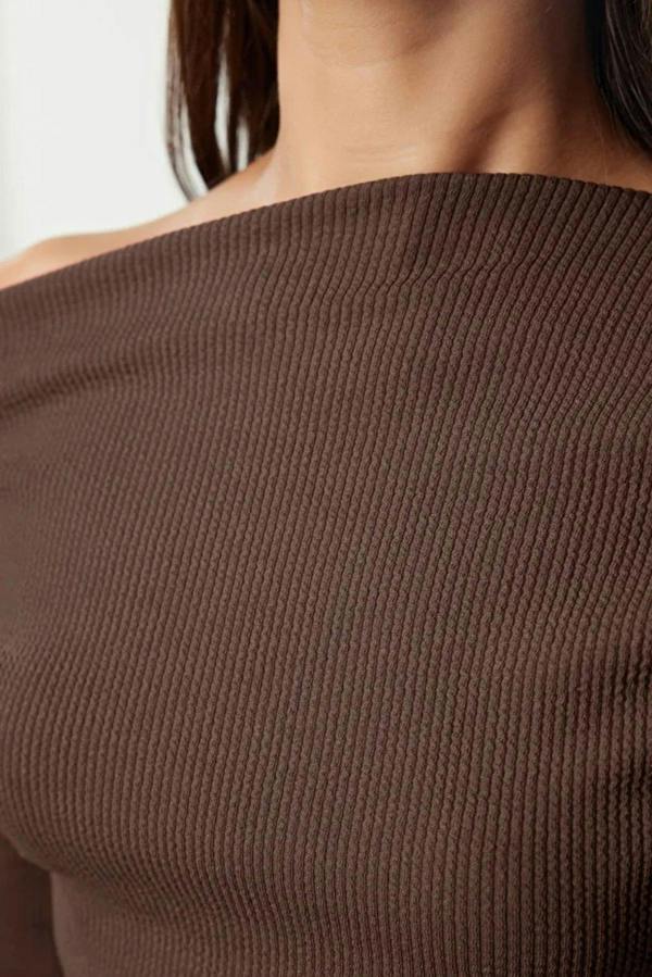 WOVCOR Draped Boat Neck Asymmetrical Long Sleeve Knit Blouse