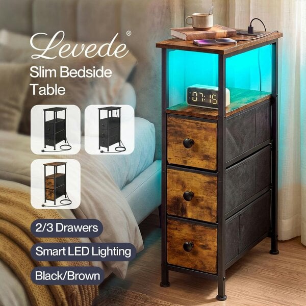 Levede Bedside Table Narrow Side Table with LED Charging Station Storage