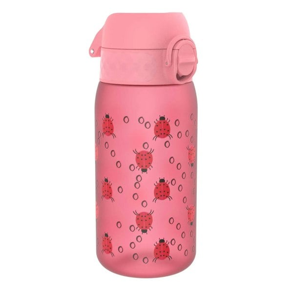 Pink water bottle decorated with red ladybugs and black dots scattered across its surface set against a plain white background