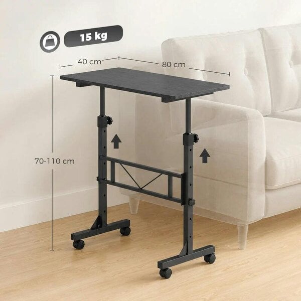 Overbed Table Adjustable Height Sofa Side Table with Wheels 80 x 40 cm Black