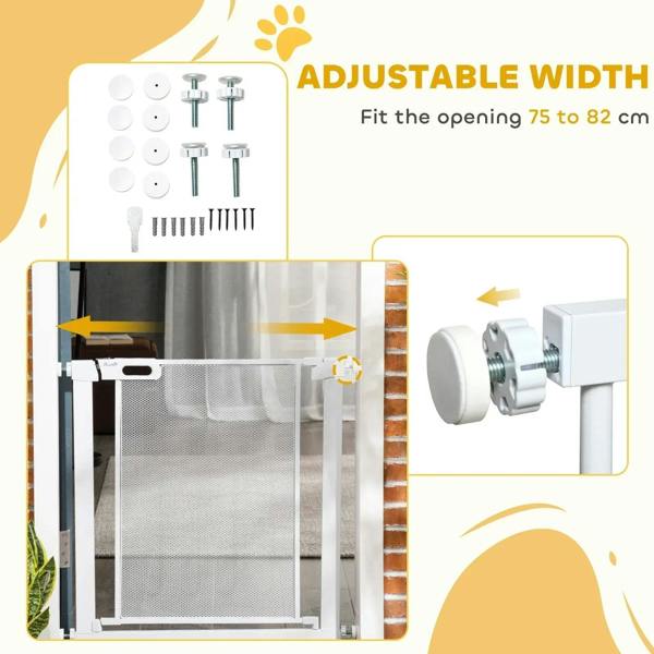 White pet safety gate kit with mounting parts and mesh panel
