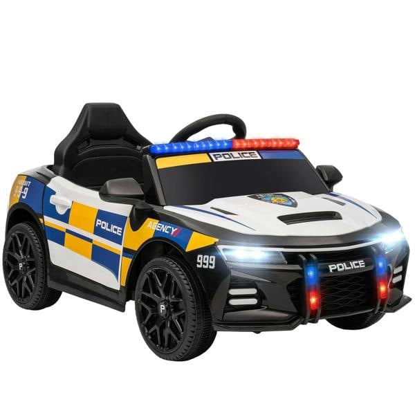 Kids electric ride-on police car with blue/yellow graphics, black wheels, LED headlights