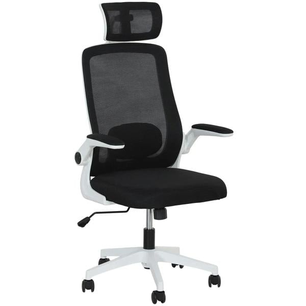 Black office chair with mesh back, cushioned seat, armrests, and wheeled base.