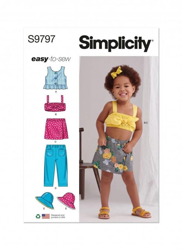 Simplicity Sewing Pattern 9797, Tops, Shorts, Skirts, Trousers, Headwear for Baby, Kids, A (1/2-1-2-3-4) - Easy