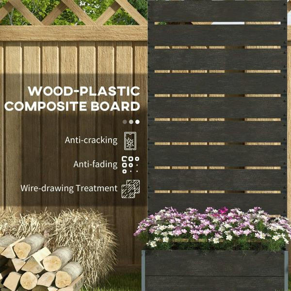 Black wood-plastic planter box with back trellis, slatted panel and front planting bed