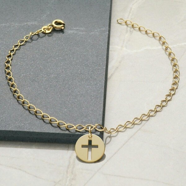 Christopher James of London 9ct Yellow Gold Plated Curb Anklet With Your Choice of Charm - 4. Round Cross Charm