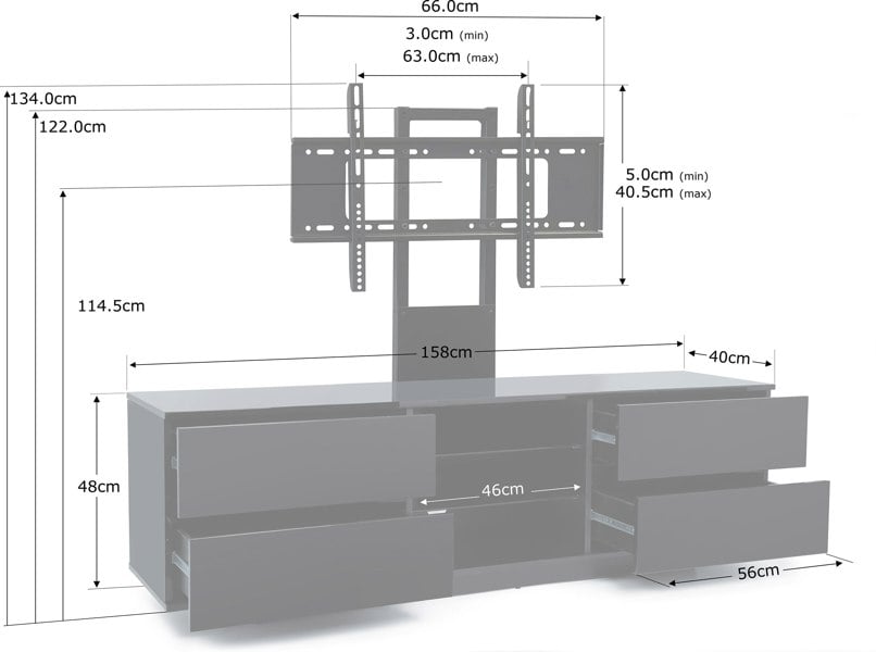 Centurion Supports AVITUS Gloss Black with 4-Black Drawers for up to 65" LED/LCD/Plasma TV Stand with Mounting Arm