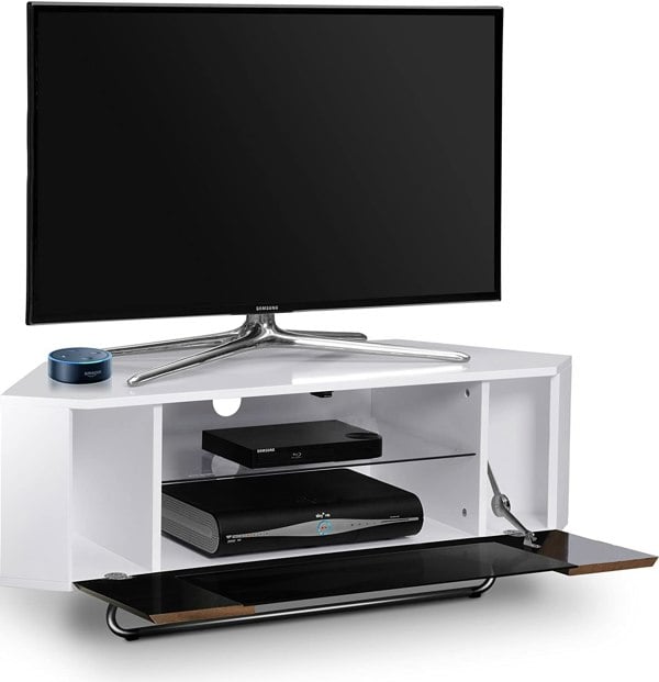Centurion Supports Hampshire Corner-Friendly Gloss White with Walnut Contrast Beam-Thru Remote Friendly Door 26"-50" Flat Screen TV Cabinet