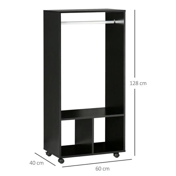 Black open wardrobe rack with hanging rail and two shelves, on caster wheels