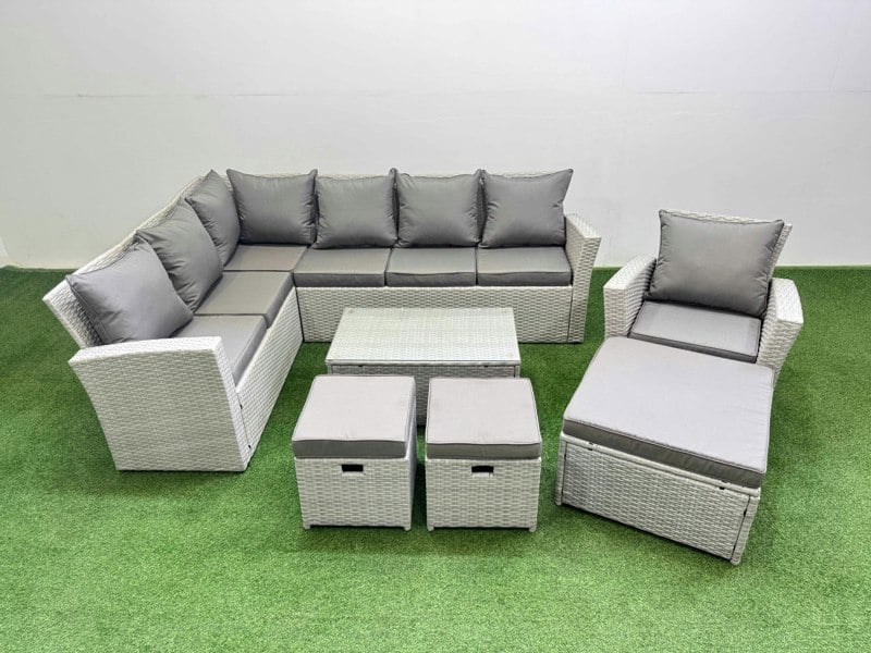 Fimous 10 Seater Garden Outdoor PE Rattan Furniture Set Rattan Garden Sofa Set with 3 Footstools Light Grey Mixed