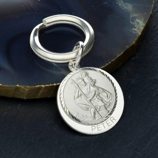 Christopher James of London Sterling Silver Personalised Round St Christopher Keyring With Travellers Prayer
