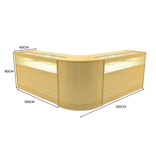 Maple Iris LED shop counter set with two B1500 displays, featuring a sleek curved design and integrated lighting for enhanced visibility