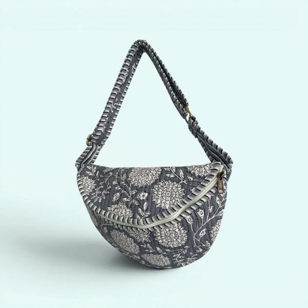 Hayley & Co Cross Body Sling Bag - Grey and White Block Print Floral Cotton