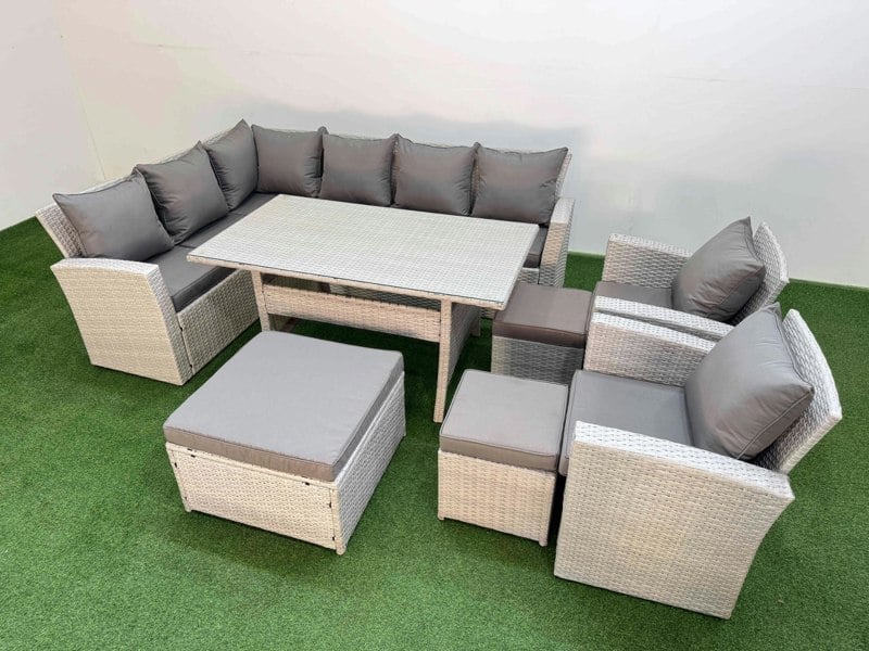 Fimous 11 Seater Rattan Garden Furniture Set Outdoor Patio Dining Corner Sofa Sets with Dining Table 2 Chairs 3 Footstools Light Grey Mixed