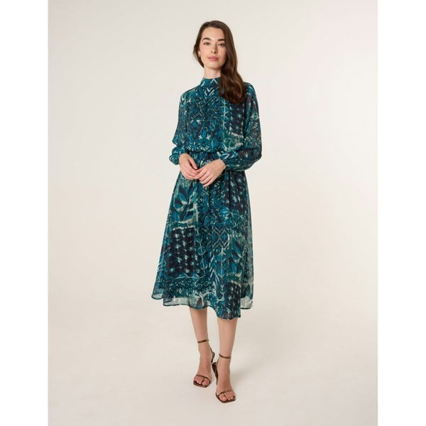 Blue Vanilla Watercolour Paisley Puffball High Neck Midi Dress