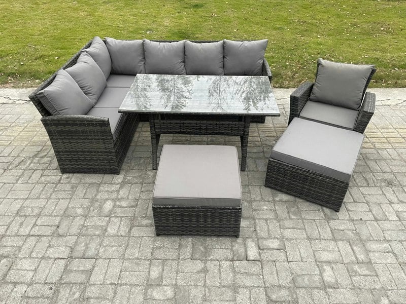 Fimous 9 Seater Dark Grey Mixed Rattan Outdoor Corner Sofa Set - Rectangular Dining Table, 2 Footstools & Armchair