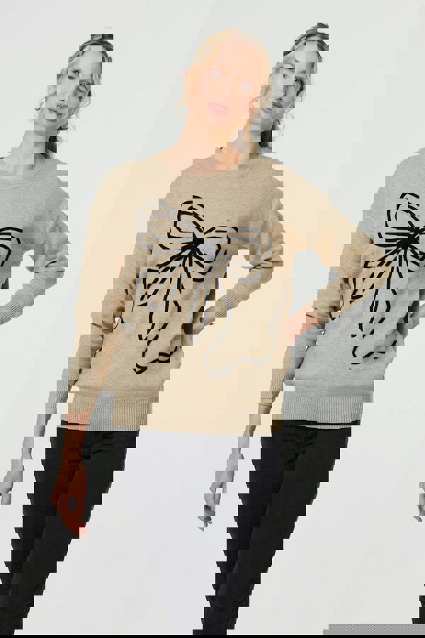 Beige | Bow Embellished Drop Shoulder Knit Jumper : Model is 5'10"/178 cm and wears UK10/EU38/US6/AUS10