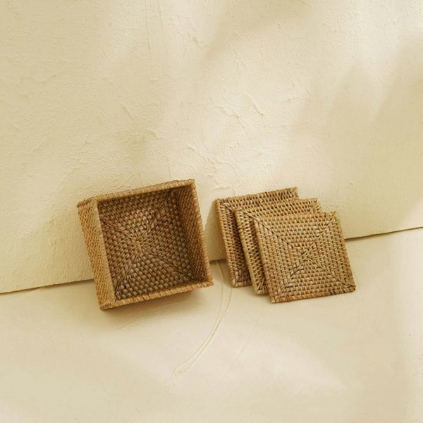 Square Rattan Coaster Set with Holder - Coastal Villa Homeware