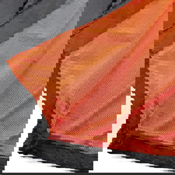 Scruffs Tech Mens Zip Up Work Warm Hooded Jacket Coat, close-up of the orange breathable mesh lining and black fabric exterior of the jacket.