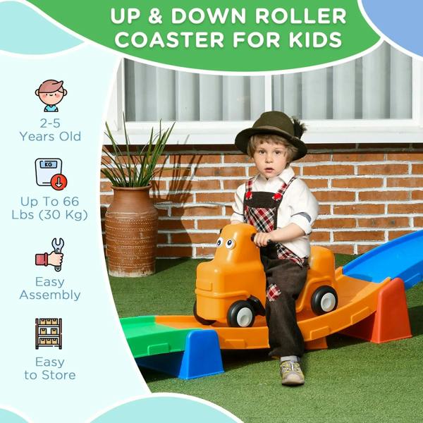 Kids ride-on roller coaster set with orange car, green steps, and blue ramp