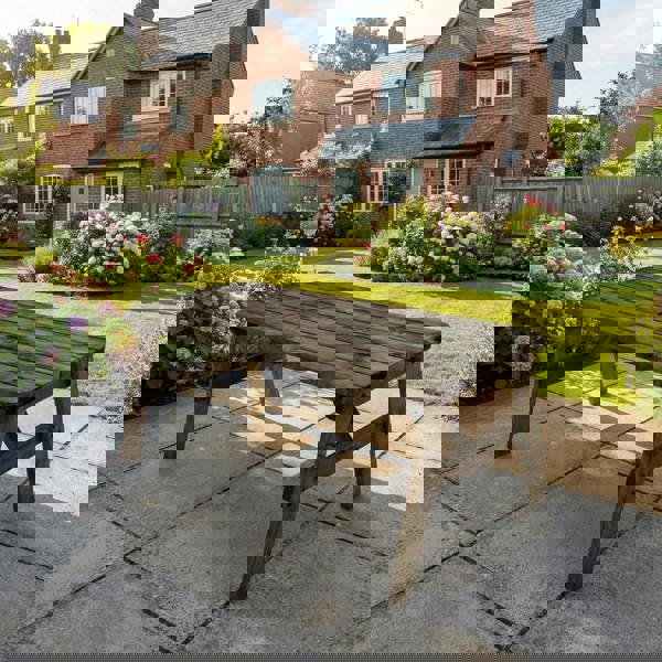 Victoria Rounded Wooden Garden Table Made From High Quality Timber In Rustic Finish, Featuring A Solid Rectangular Tabletop And Sturdy Wooden Leg Frame, Perfect As An Outdoor Dining Table.