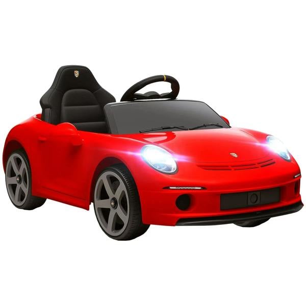 Red kids ride-on electric car with black seat, steering wheel, working headlights.