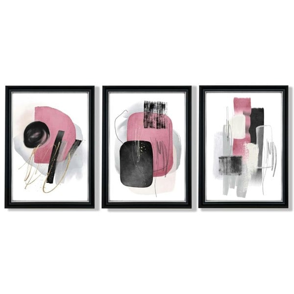 Set of 3 Abstract Black and Pink Watercolour Framed Art Prints with Vermeer Black and Silver Frames