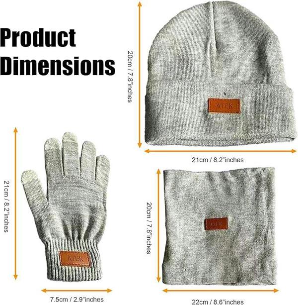 ATEK 3 Piece Winter Hat Scarf Touchscreen Gloves Set Grey