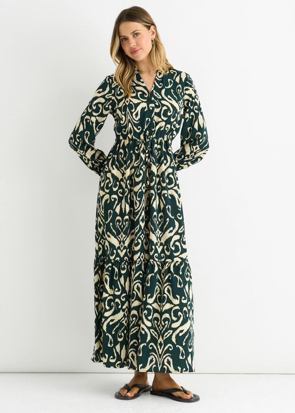 Gini London Green Ikat Print Tie Waist Maxi Dress
