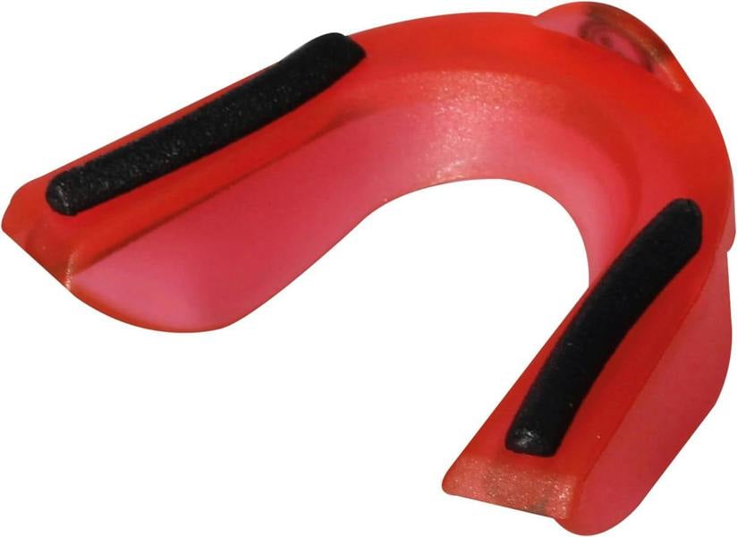 Red Optimum Matrix mouthguard, angled close-up with black gel channels, on white background - Optimum